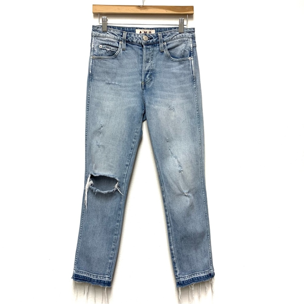 AMO Hi-Rise Babe Trippin Crop Ankle Jeans‎ Size 27 Distressed Raw Hem Button Fly